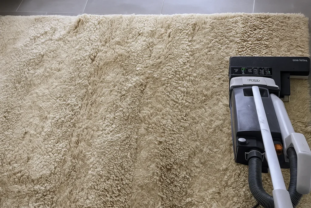Close-up of a wool rug being professionally cleaned with a SEBO carpet extractor, showing the contrast between the cleaned and uncleaned areas.
