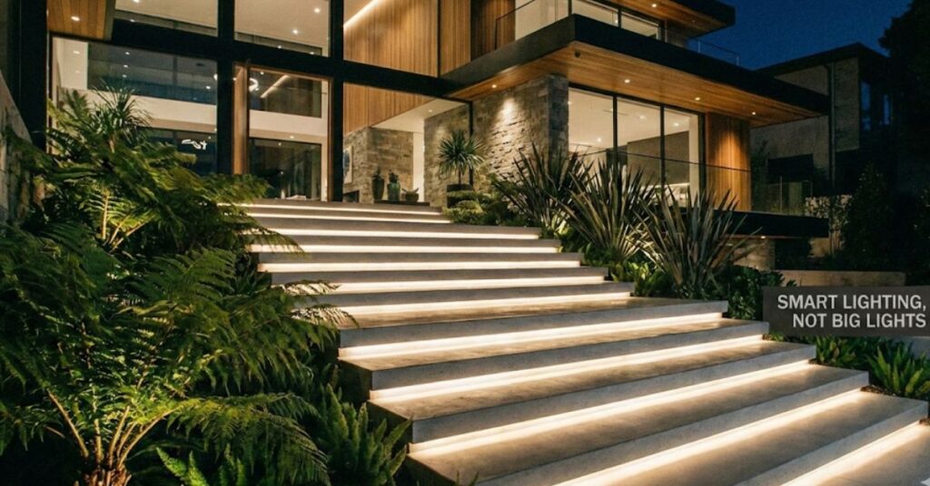The Grumpy-but-Honest Guide to 2026 Backyard Lighting Trends (And Solar Lights That Actually Work) 2 A professionally lit modern backyard in 2026 featuring layered solar and low-voltage lighting.