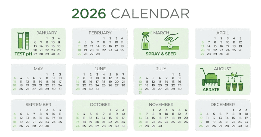 Monthly schedule for lawn maintenance and moss control in 2026.