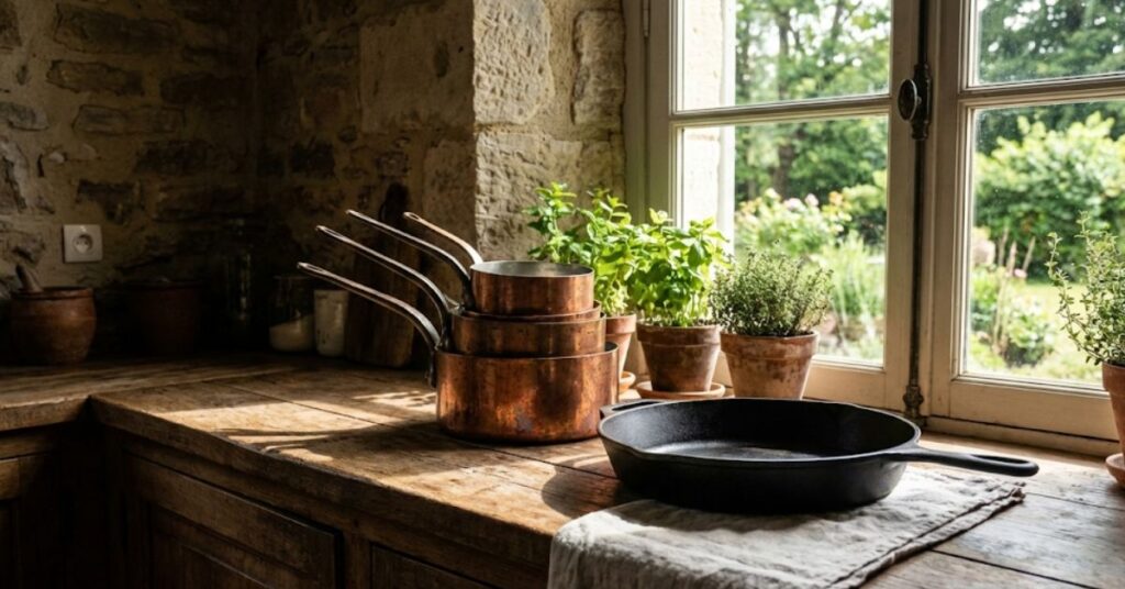 Stop the Destruction: 5 Things You Should Never Put in a Dishwasher 2 Hand-washed copper pots and cast iron skillet drying in a sunlit kitchen.