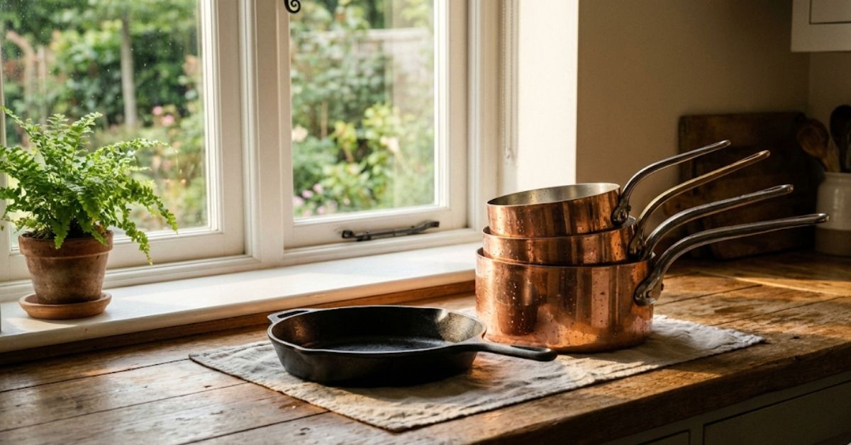 Hand-washed copper pots and cast iron skillet drying in a sunlit kitchen.