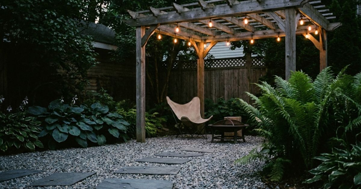 DIY backyard oasis with pea gravel, fire pit, and string lights.