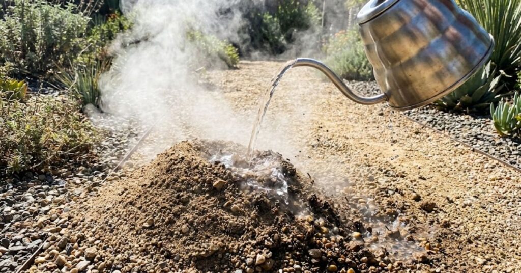 Your Dog or Your Dinner? How to Kill Ants in a Vegetable Garden Safe for Pets Without Poisoning Your Family 3 Pouring boiling water from a kettle onto an ant mound in a garden path.