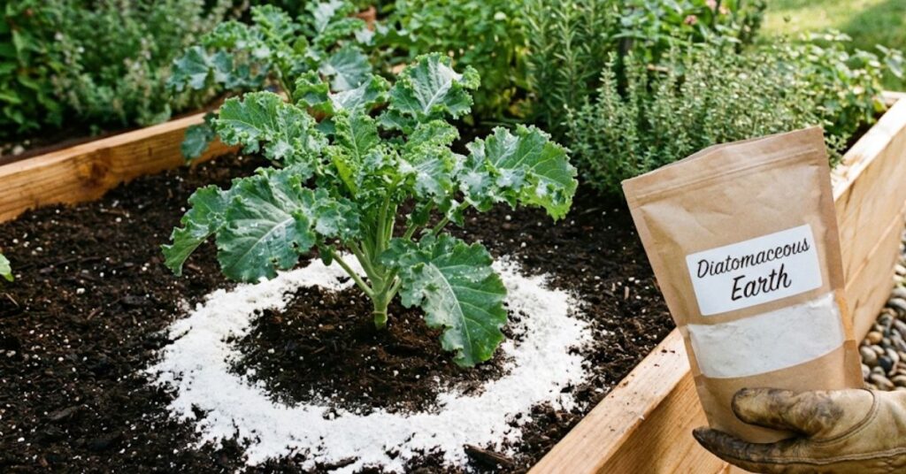 Your Dog or Your Dinner? How to Kill Ants in a Vegetable Garden Safe for Pets Without Poisoning Your Family 4 A ring of white Diatomaceous Earth around a vegetable plant for ant protection.