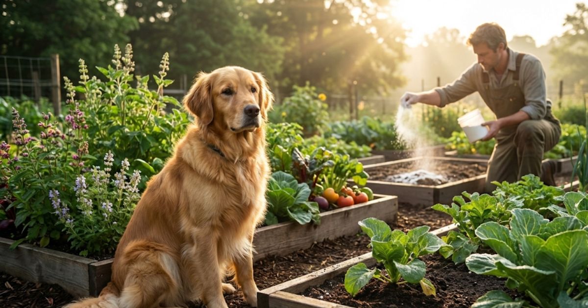 A pet-safe vegetable garden being treated for ants with diatomaceous earth.