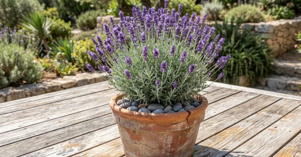 Stop Getting Eaten Alive: The Truth About Plants That Repel Mosquitoes and Flies (Planning for Spring 2026) 3 Lavender in a terracotta pot on a sunny wooden deck.