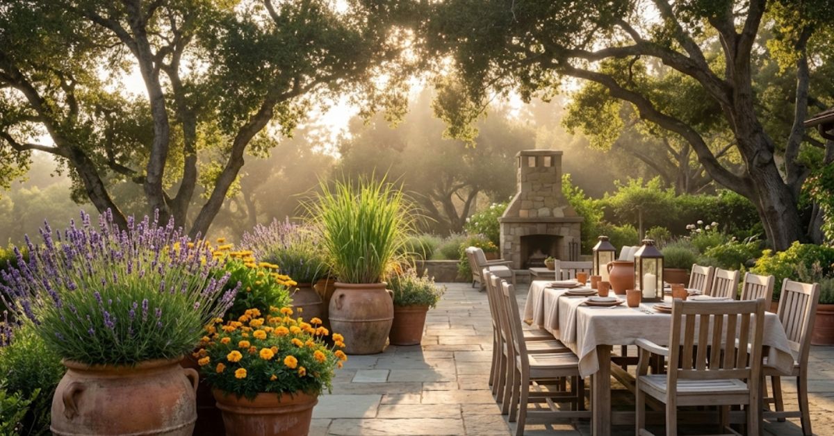 A beautiful backyard patio with bug-repelling plants in pots.