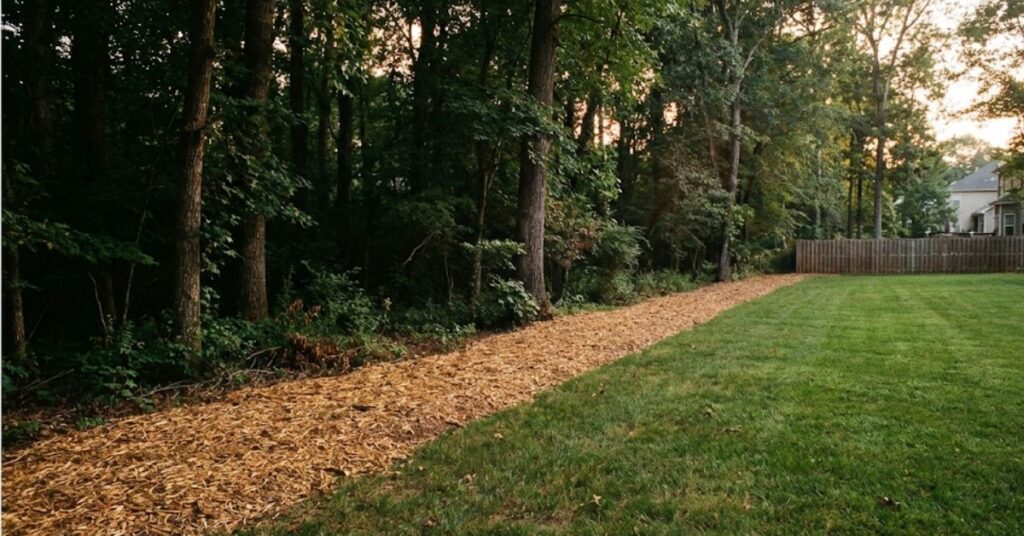 Don’t Let the Bloodsuckers Win: The Truth About Clearing Ticks Naturally in 2026 4 A three-foot wide wood chip mulch barrier between a lawn and a forest.