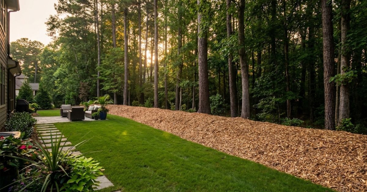 A tick-resistant backyard layout with a mulch barrier and short grass.