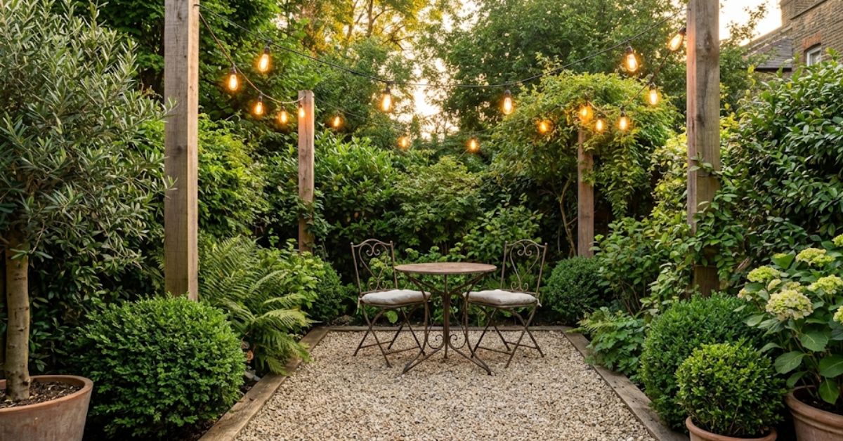 A budget-friendly small pea gravel patio with vintage furniture and string lights.