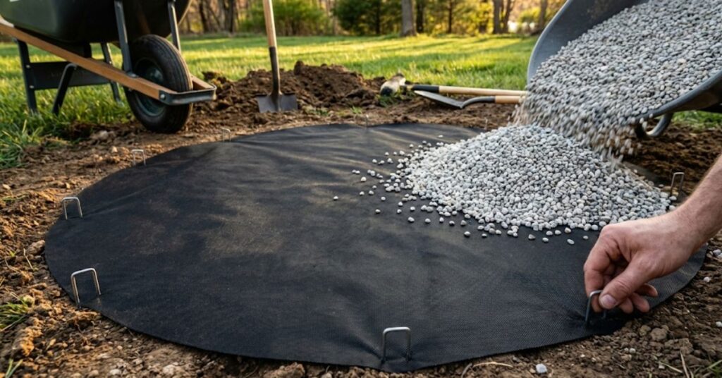 Stop Burning Your Lawn: The Grumpy Man’s Guide to Fire Pit Seating Area Ideas 2 DIY fire pit base preparation with landscape fabric and gravel.