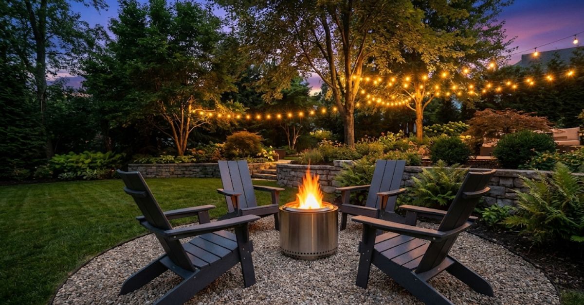 A safe and comfortable fire pit seating area with Adirondack chairs on a gravel base.