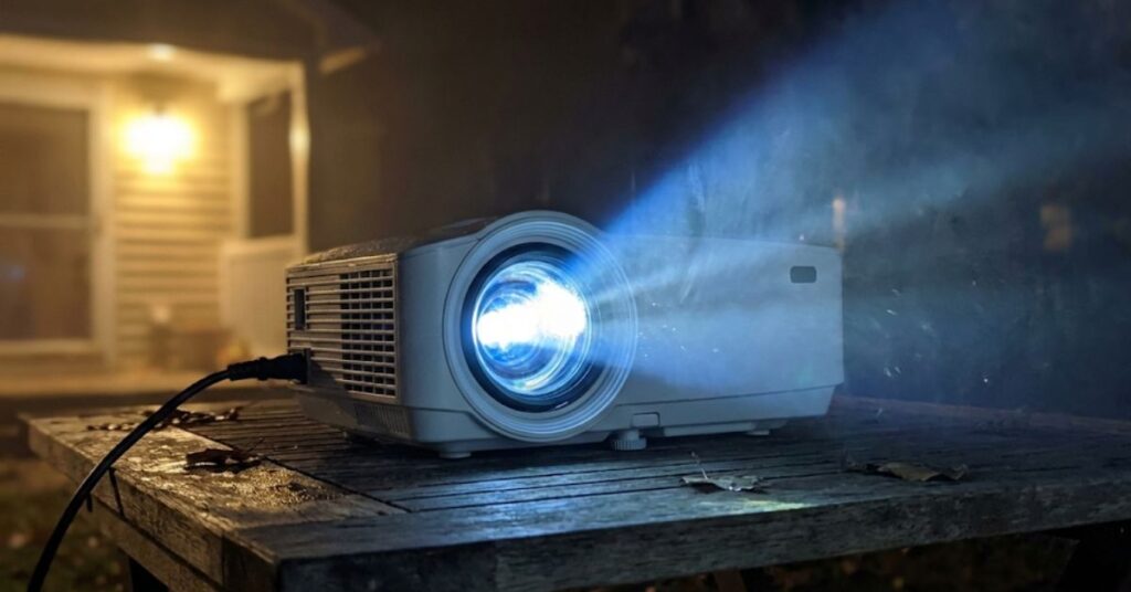 Stop Wasting Money on Inflatable Junk: The Grumpy Guide to an Outdoor Movie Night Setup DIY That Actually Works 2 A bright LED projector operating outdoors at night cutting through ambient light.