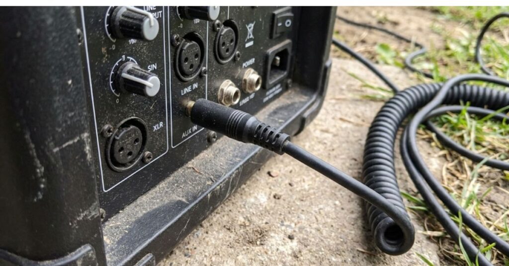 Stop Wasting Money on Inflatable Junk: The Grumpy Guide to an Outdoor Movie Night Setup DIY That Actually Works 4 A wired audio connection plugged into an outdoor PA speaker.