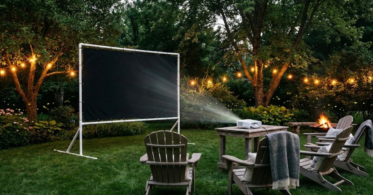 A DIY outdoor movie setup with a PVC frame screen and Adirondack chairs.
