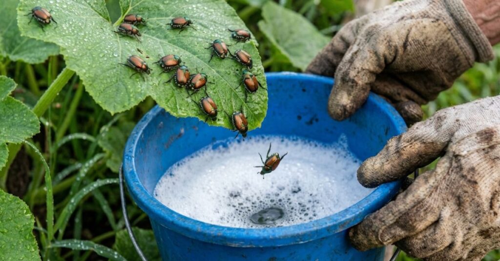 Stop the Skeletonizing! The Brutally Honest Secret to Killing Japanese Beetles Without Chemicals 3 Flicking Japanese beetles into a bucket of soapy water.