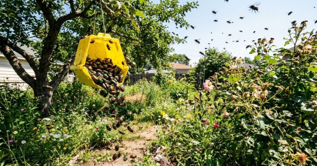 Stop the Skeletonizing! The Brutally Honest Secret to Killing Japanese Beetles Without Chemicals 2 A yellow Japanese beetle trap attracting a swarm to a backyard garden.