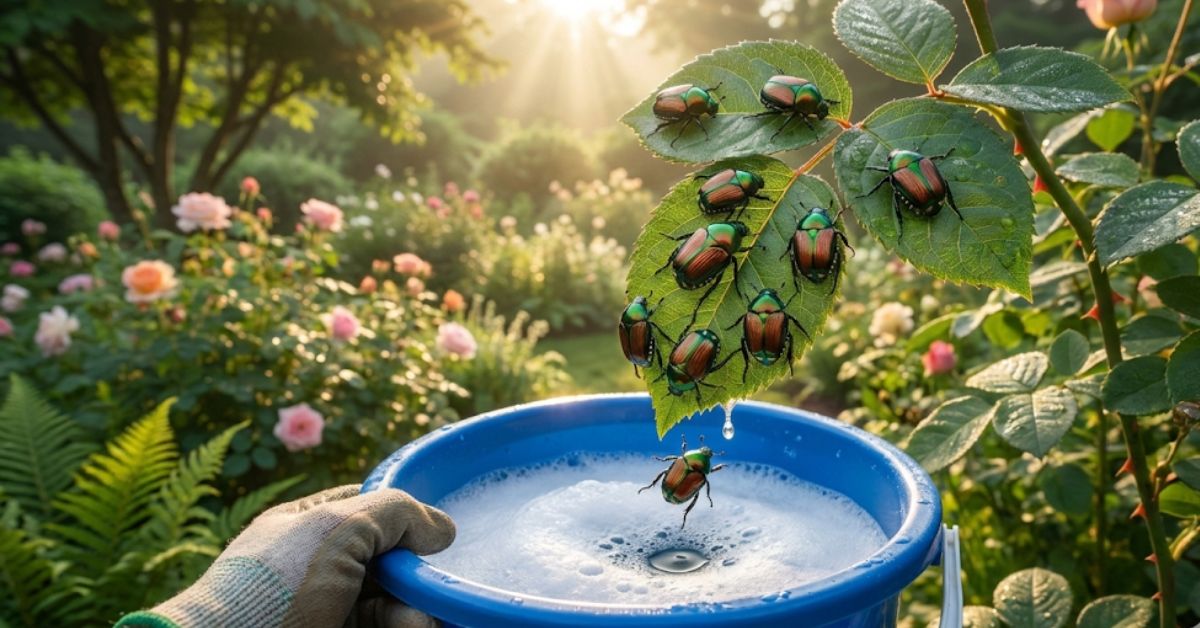 Hand-picking Japanese beetles into a bucket of soapy water.