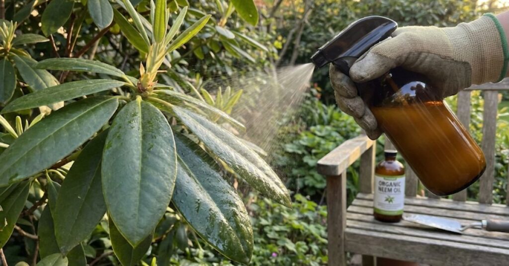 Stop the Skeletonizing! The Brutally Honest Secret to Killing Japanese Beetles Without Chemicals 4 Applying Neem oil spray to garden plant leaves.