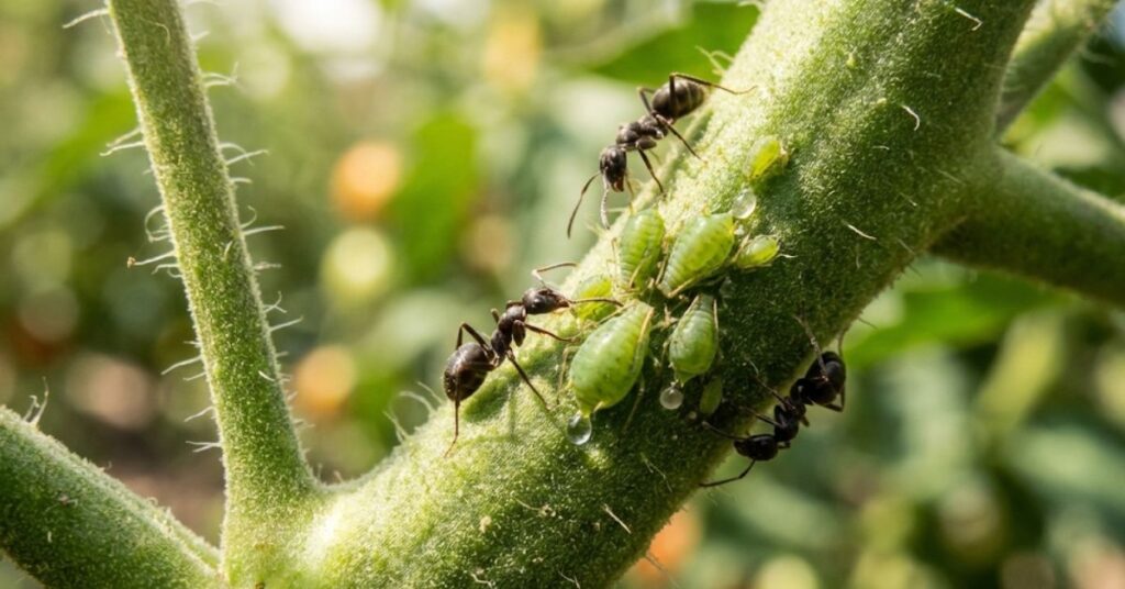 Your Dog or Your Dinner? How to Kill Ants in a Vegetable Garden Safe for Pets Without Poisoning Your Family 2 Ants farming aphids for honeydew on a garden plant stem.