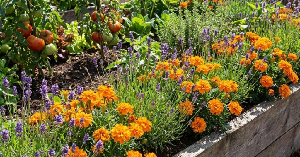 Why Your Garden Is a Chipmunk Buffet (And How to End the Party) 6 Bright marigolds and lavender plants growing as a protective border around a vegetable garden.
