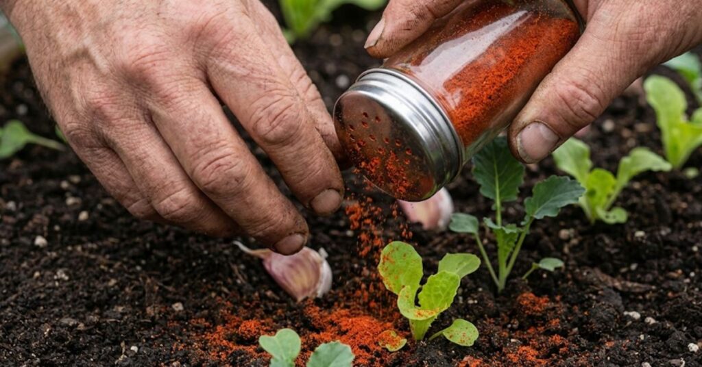 Why Your Garden Is a Chipmunk Buffet (And How to End the Party) 5 A gardener sprinkling cayenne pepper powder around young plants as a natural chipmunk repellent.