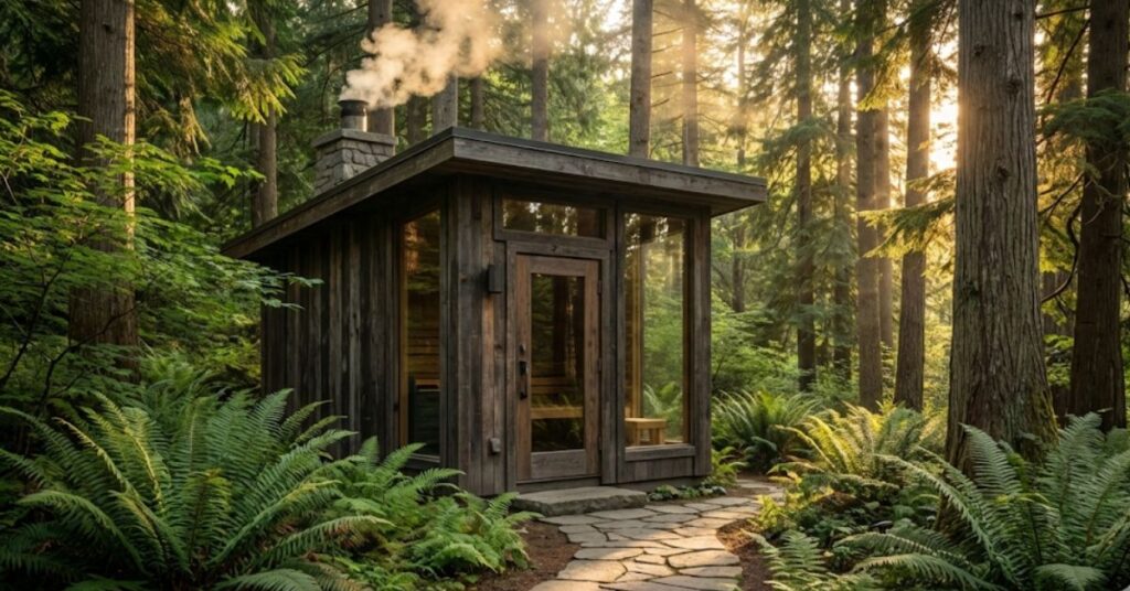 Escape the Grind: Building a Real Backyard Wellness Garden Without the Corporate Price Tag 2 A modern wood-burning outdoor sauna in a lush backyard wellness garden.
