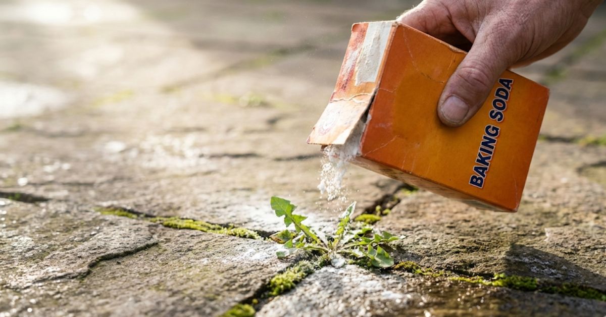 Sprinkling baking soda into a sidewalk crack to kill weeds.