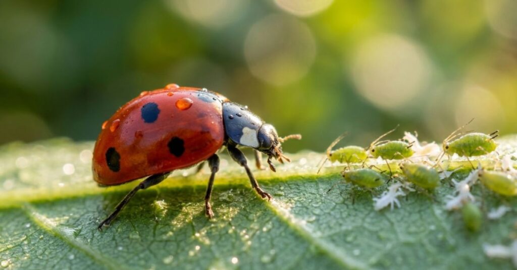 Tired of Bug Juice? Why Your Veggies Are Aphid Magnets (And My No-Nonsense Spray) 3 A ladybug on a leaf about to eat a group of aphids.