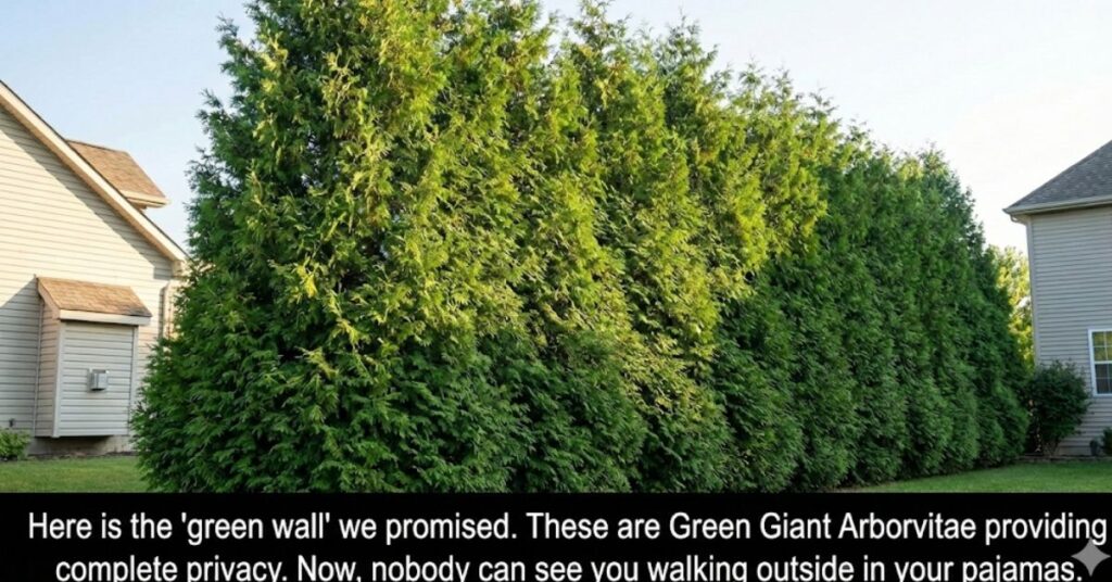 Tired of Your Neighbors? The Grumpy Guide to the Best Privacy Trees and Fast-Growing Hedges 2 A dense privacy wall of Green Giant Arborvitae trees along a backyard fence.