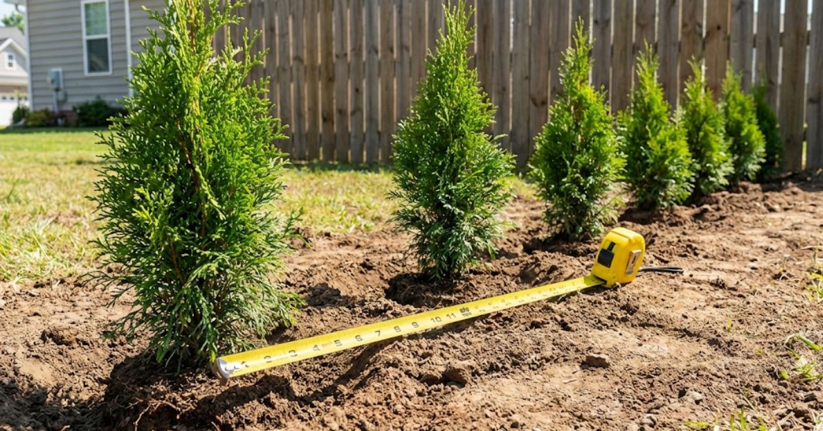 A dense privacy wall of Green Giant Arborvitae trees along a backyard fence.