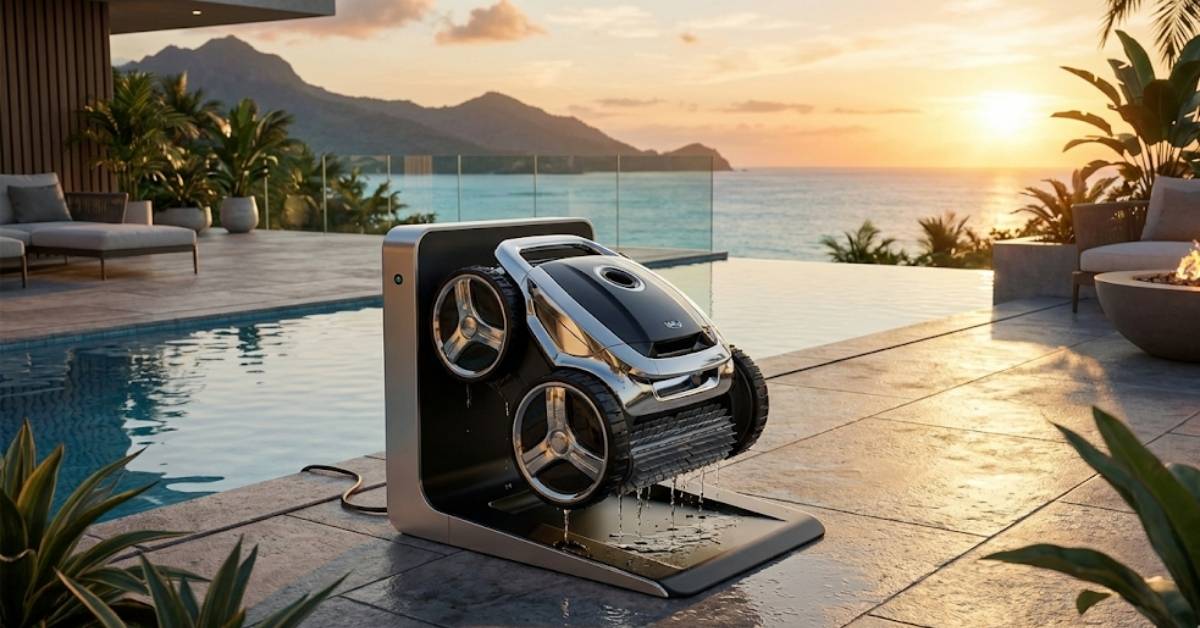 A high-tech self-emptying robot pool cleaner docking at its station on a luxury backyard deck during 2026.