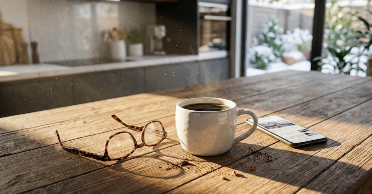 A cup of black coffee on a kitchen counter at 10 AM.