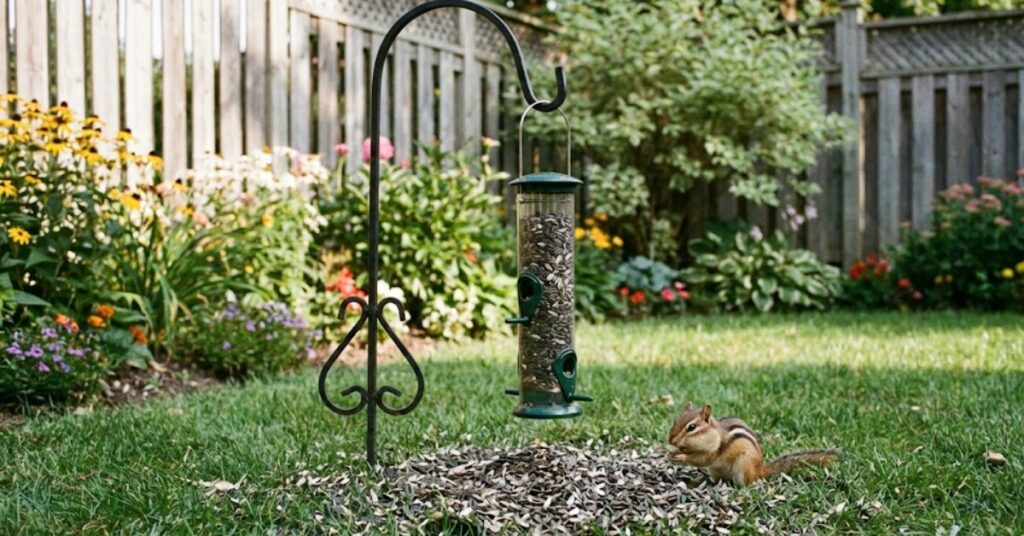 Why Your Garden Is a Chipmunk Buffet (And How to End the Party) 7 A chipmunk eating spilled seeds under a hanging bird feeder in a backyard garden.