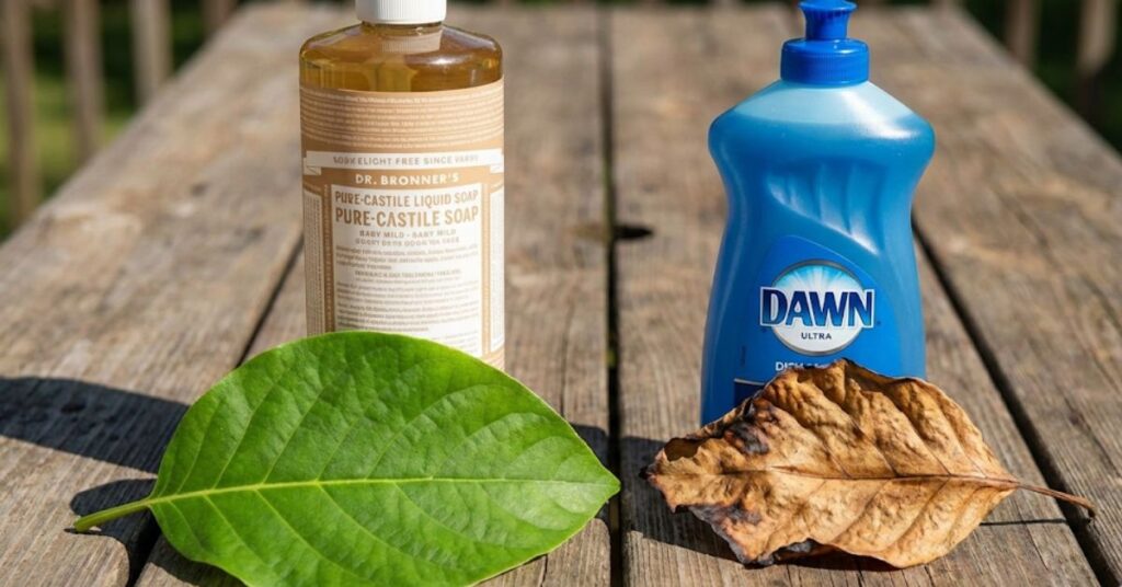Tired of Bug Juice? Why Your Veggies Are Aphid Magnets (And My No-Nonsense Spray) 2 A comparison of pure Castile soap and blue dish detergent for garden use.