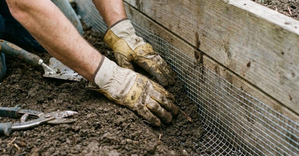 Why Your Garden Is a Chipmunk Buffet (And How to End the Party) 3 Gloved hands installing hardware cloth wire mesh into a trench around a raised garden bed.