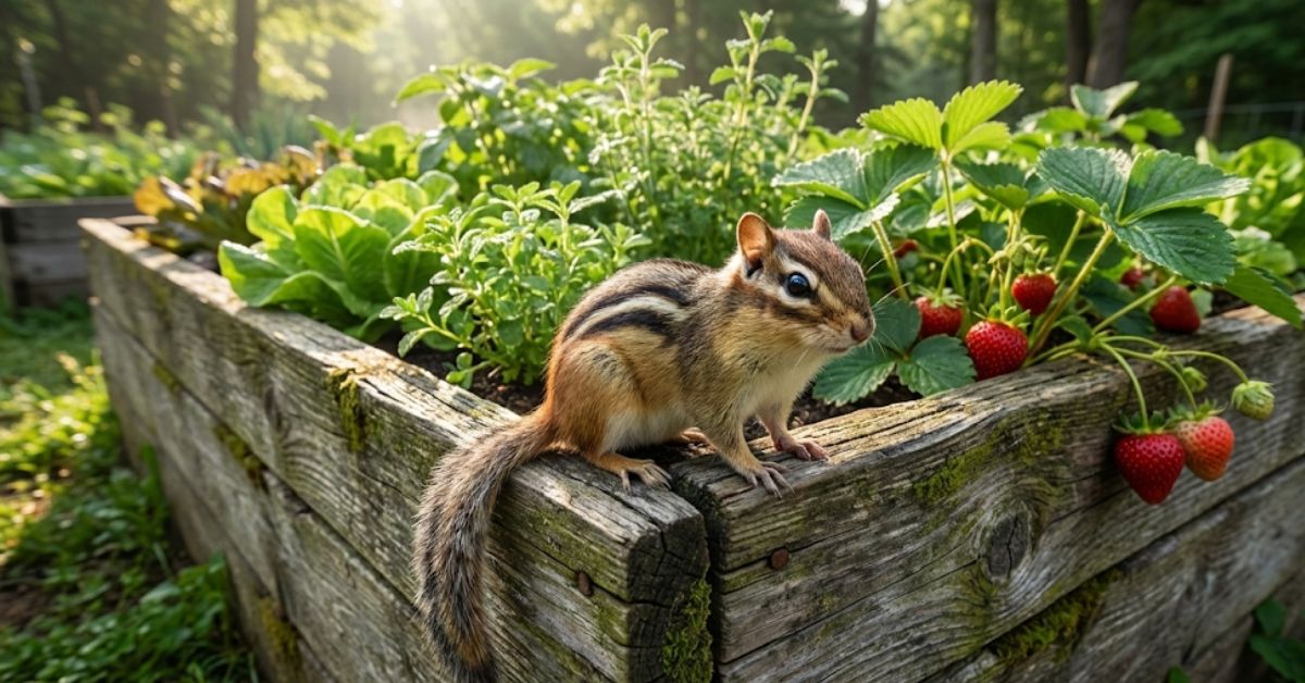 A chipmunk sitting on the edge of a raised garden bed with strawberries.