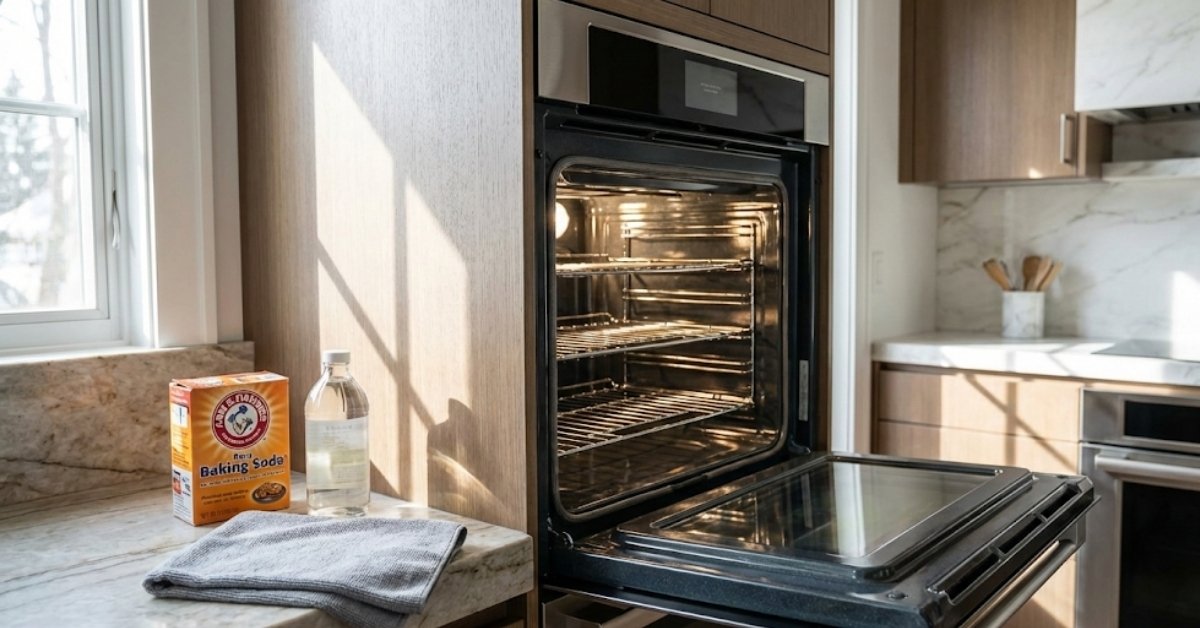 A clean kitchen oven with a box of baking soda and a bottle of vinegar on the counter, demonstrating a natural cleaning method.