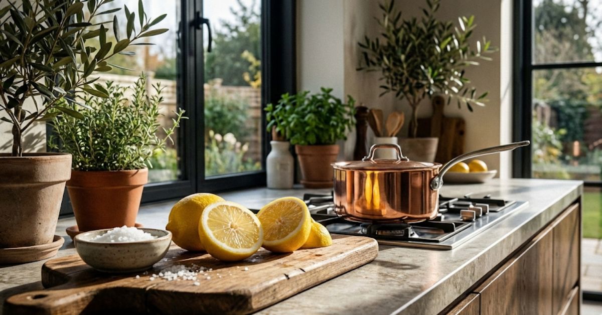 Fresh lemons and salt on a clean kitchen counter for natural cleaning.