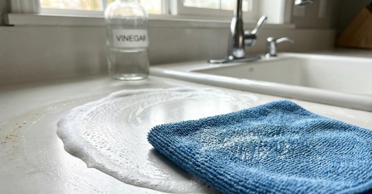 Scrubbing a kitchen counter with a blue microfiber cloth.