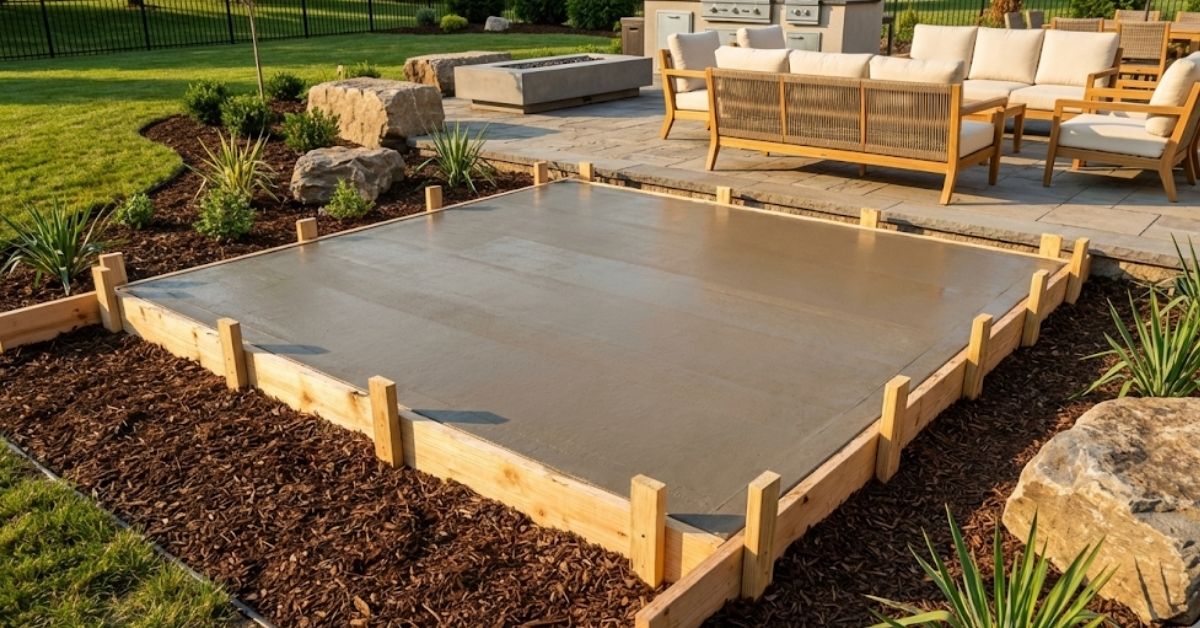 professionally poured concrete patio with wooden forms and clean edges.