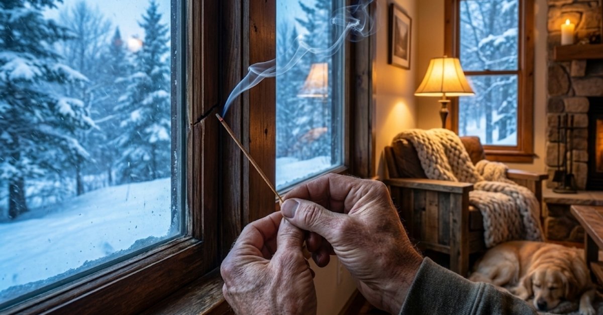 A homeowner using an incense stick to find an air leak near a window during a winter storm.