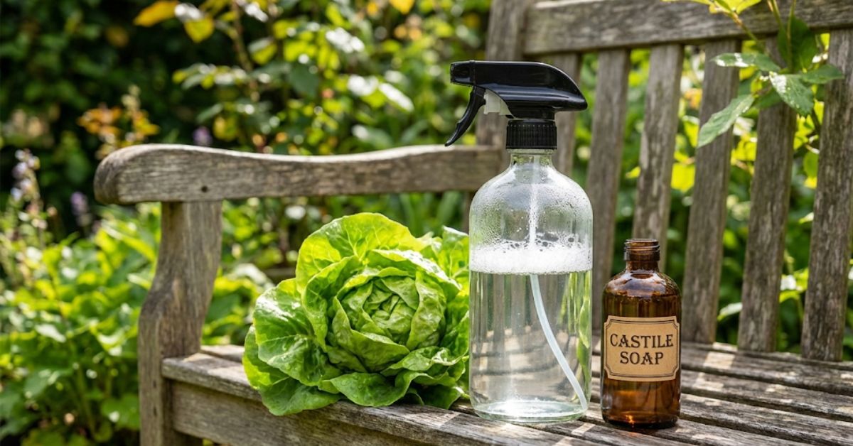 A homemade garden spray bottle with soap and water on a wooden bench.