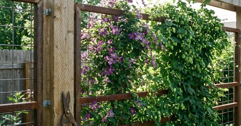 Why Your Perfect Green Lawn Is Actually Ruining Your Backyard Oasis 8 sturdy DIY backyard privacy screen made from metal cattle panels covered in thick green climbing vines and flowers.