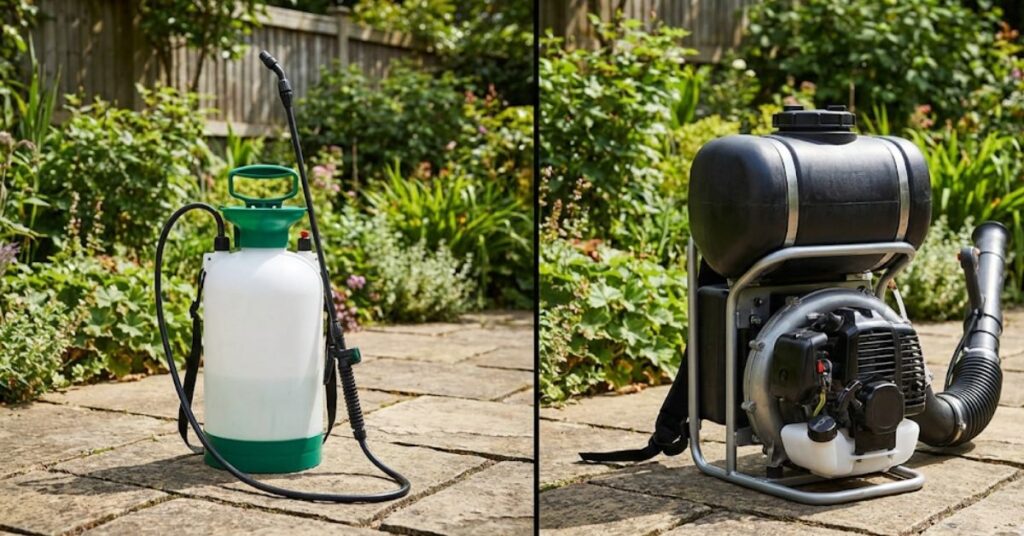 Stop Feeding the Bloodsuckers: The Real Truth About When to Spray Your Yard 3 Comparison of a DIY hand pump sprayer and a professional backpack fogger.