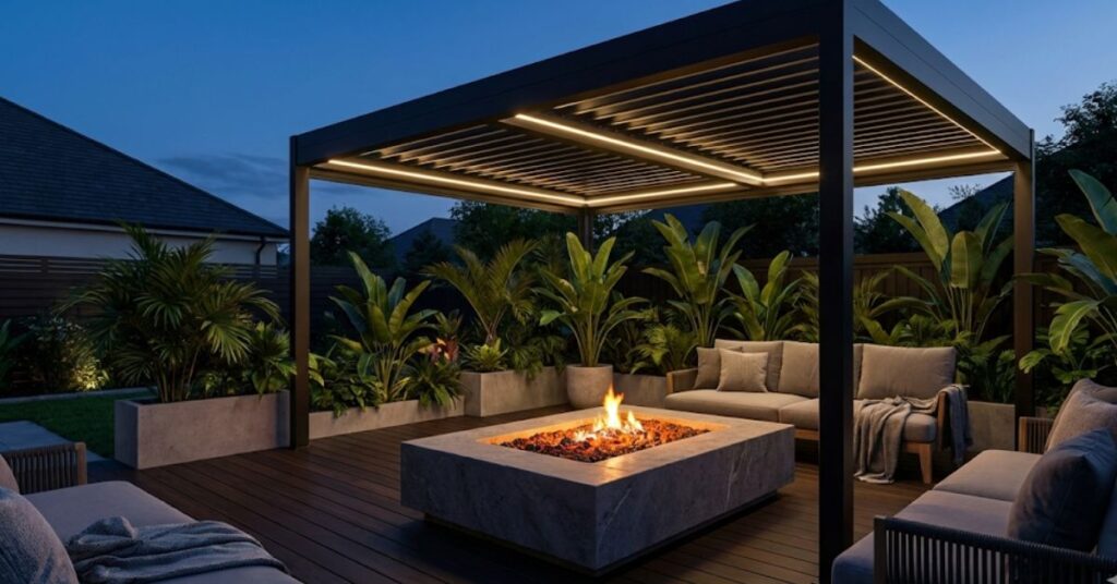 Beyond Beige: The Grumpy Guide to Dark Wood Patio Trends 2026 (And Why Your Backyard Needs a Soul) 3 A luxury modern backyard featuring a dark wood deck and black pergola at night.