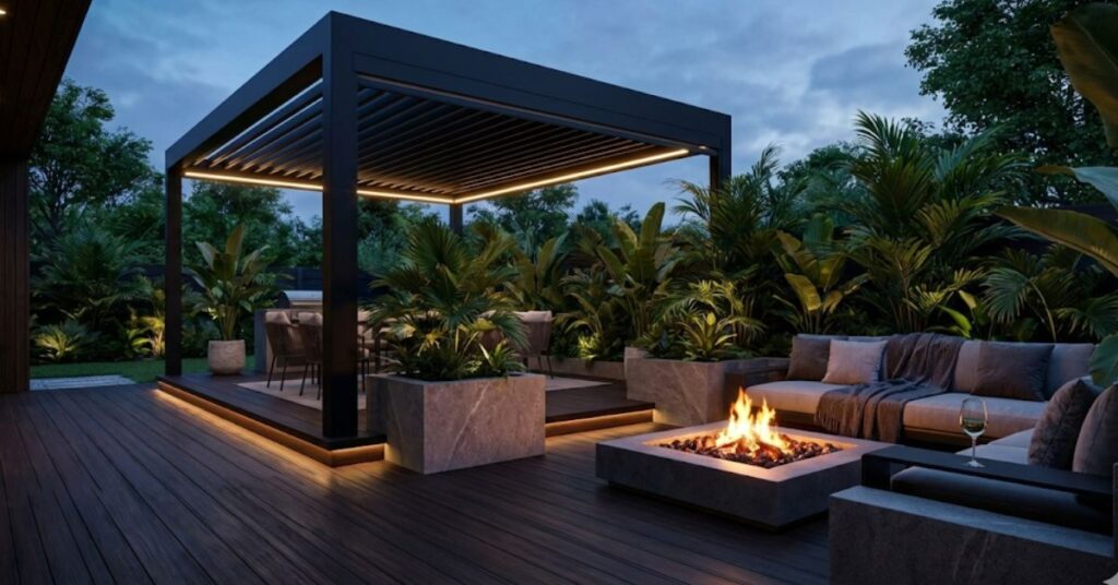 Beyond Beige: The Grumpy Guide to Dark Wood Patio Trends 2026 (And Why Your Backyard Needs a Soul) 2 A luxury modern backyard featuring a dark wood deck and black pergola at night.