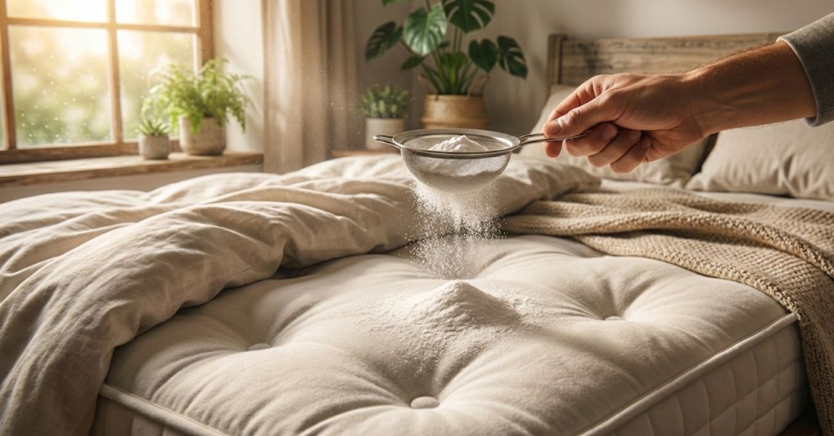 Sifting baking soda onto a mattress for deep cleaning.