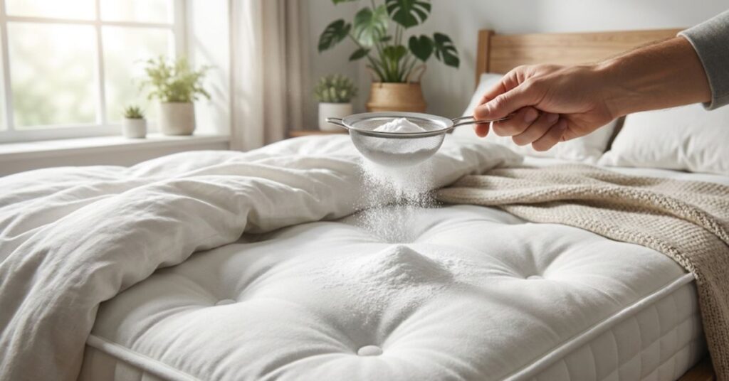 Stop Sleeping with Dust Mites: The 10-Minute Secret to a Deep-Cleaned Mattress 2 Sifting baking soda onto a mattress for deep cleaning.