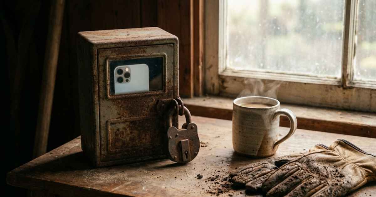 Smartphone locked in a metal box on a wooden desk with coffee and gardening gloves.